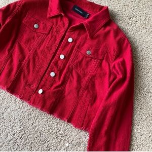 Cropped Red Denim Jacket